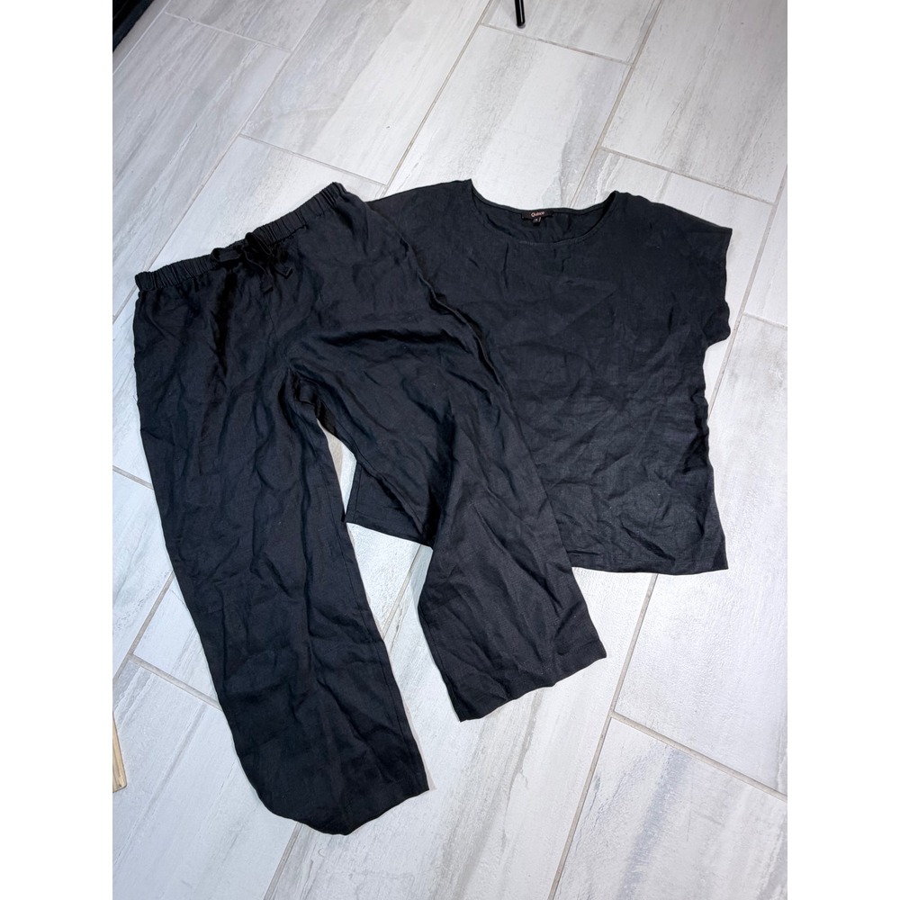 Quince Black 100% European Linen Pajama Set Short Sleeve Top Drawstring Pants S